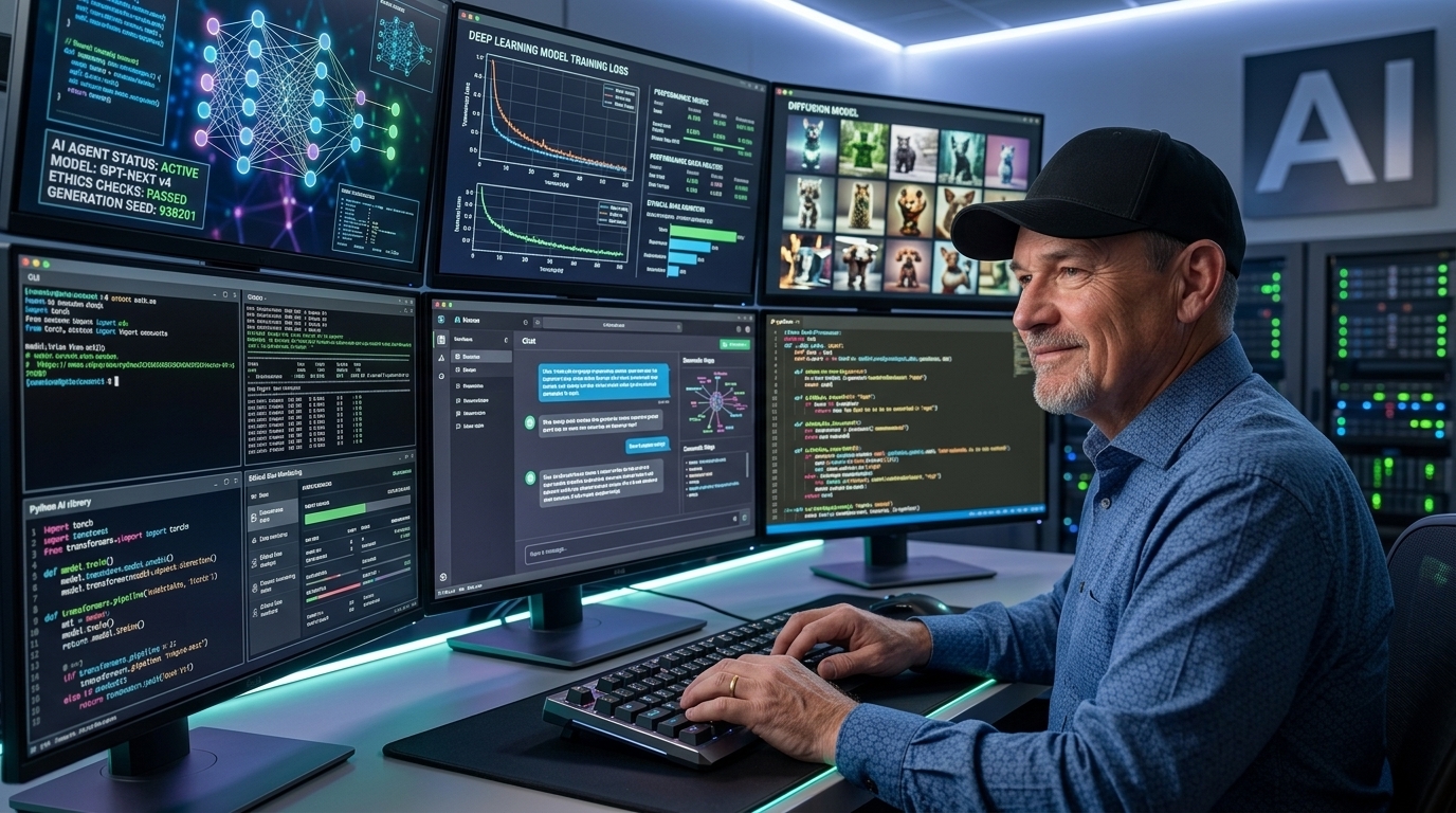 Jan der arbejder med AI modeller på flere skærme