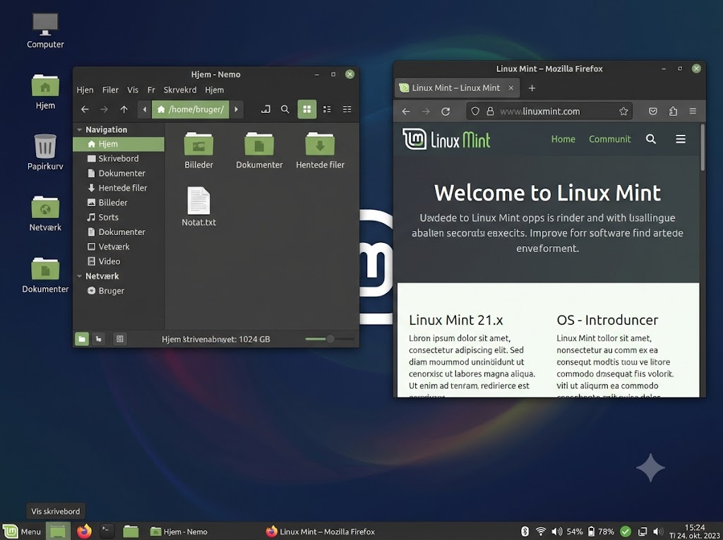 Linux Mint skrivebord med menu og ikoner